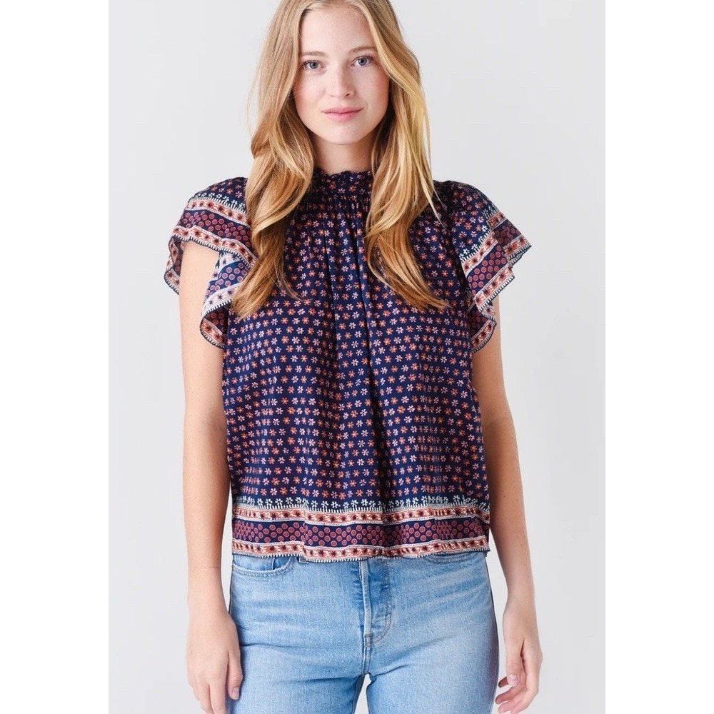 TROVATA Birds of Paradis Carla Floral Heirloom Navy Blue Flutter Sleeve Blouse S
